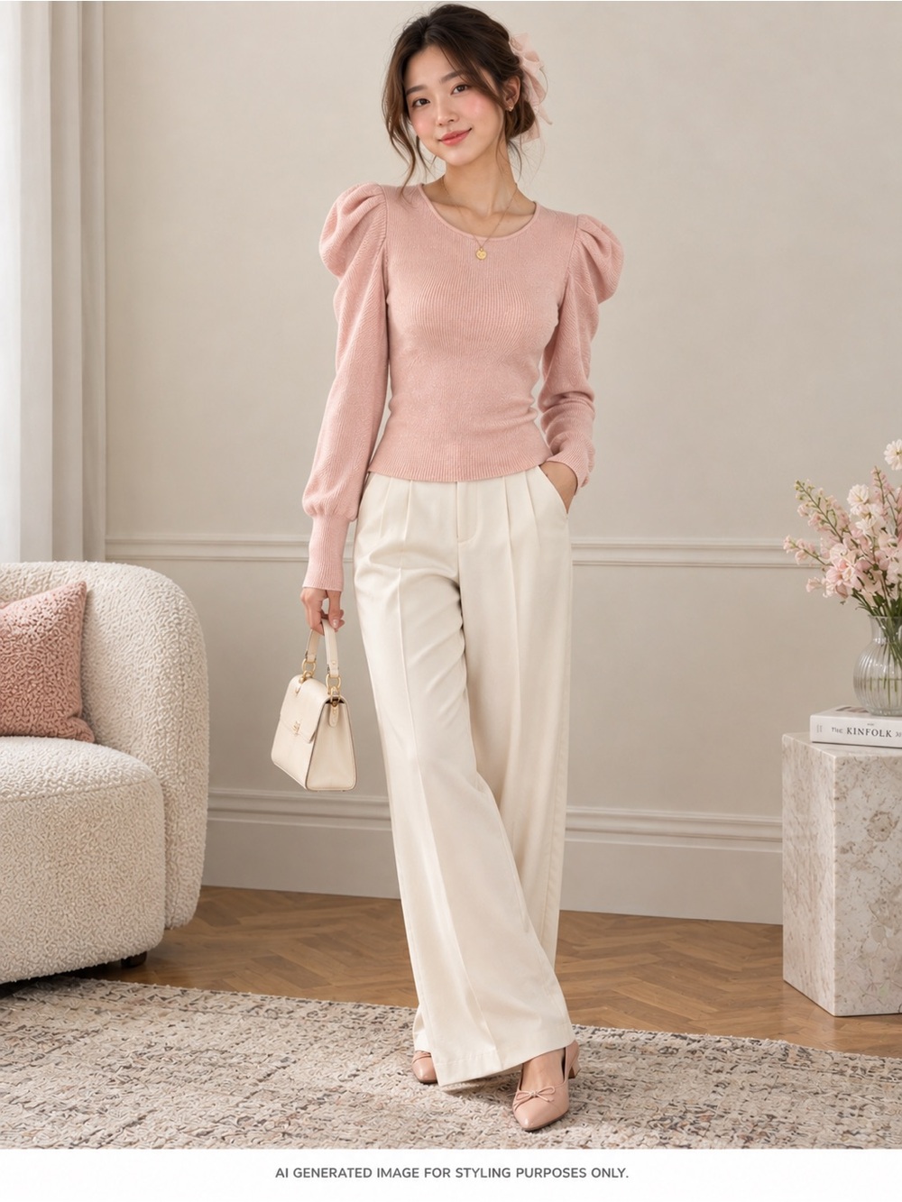 On Twelfth Pink Ribbed Puff Sleeve Sweater - Size S